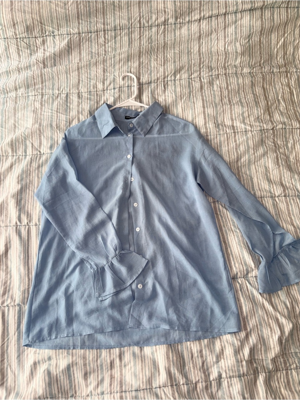 SHEIN Light Blue Ruffle Cuff Button-Up Shirt